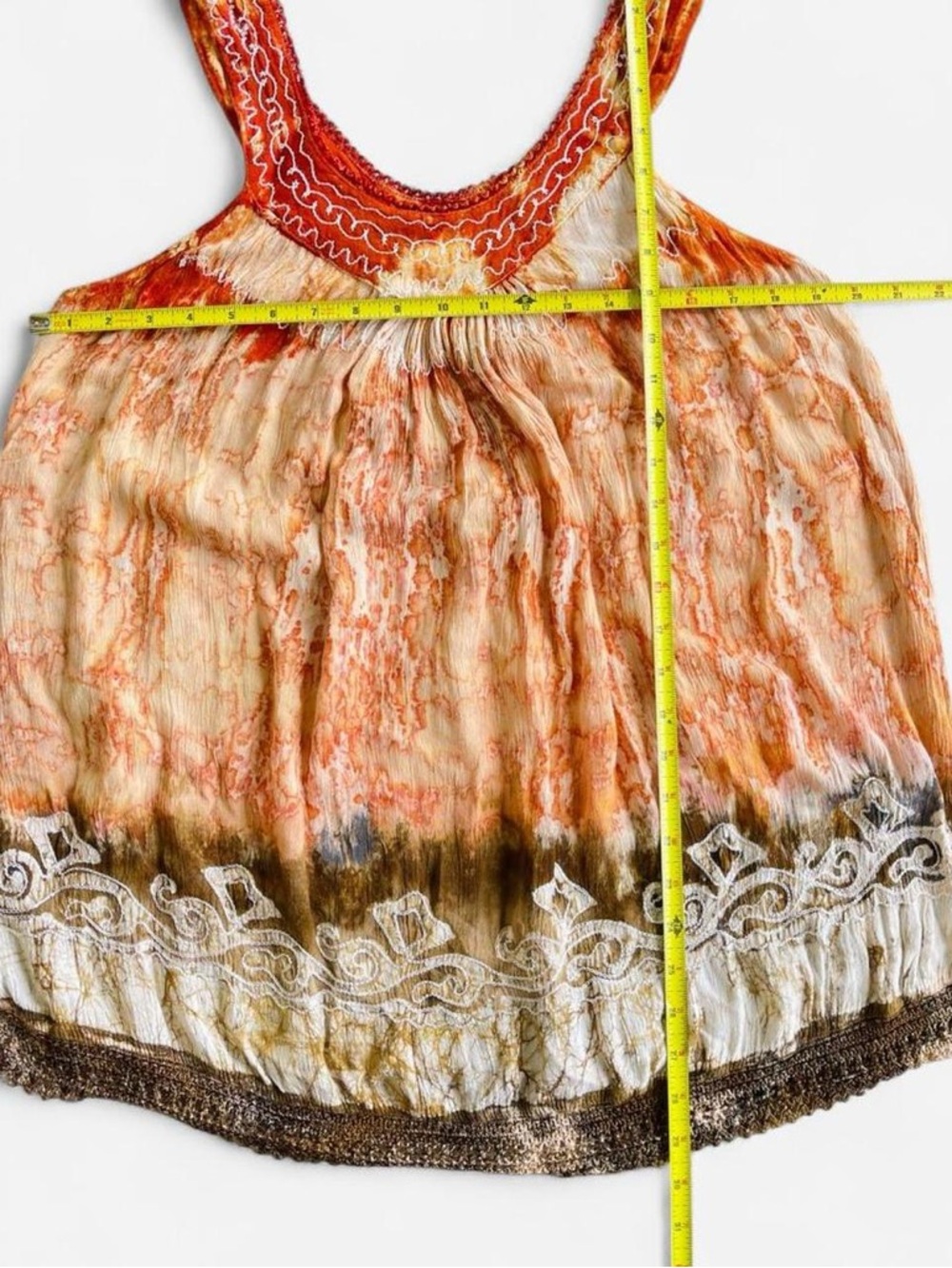 Earthy Boho Hippie Orange Green Tie Dye Embroidered Tunic Top Tank OS Summer - Picture 5 of 8